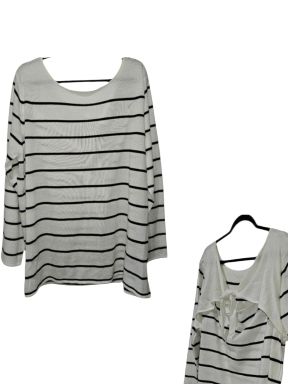 White Black Stripe Sweater L/S Top Bow Women's Plus Size 2X Classic Long Sleeve